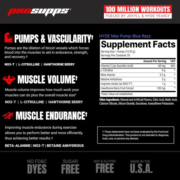 PROSUPPS Mr. Hyde Max Pump Pre Workout Powder - Stim-Free Preworkout Supports Blood Flow, Muscle Volume & Endurance - Caffeine-Free Nitric Oxide Gym & Fitness Supplements (Blue Razz, 20 Servings)