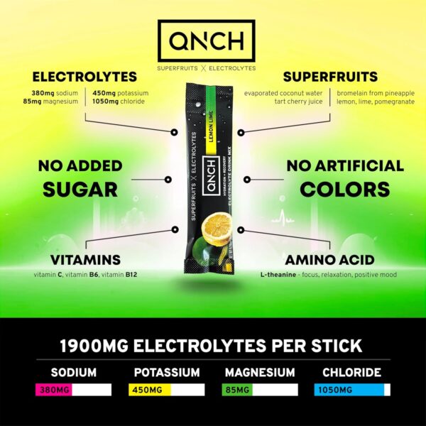 QNCH Superfruit HYDRATION + RECOVERY - Lemon Lime - Electrolyte Drink Mix Single Serve Hydration Powder Packets | Non-GMO, Gluten Free, Vegan | 15 Sticks
