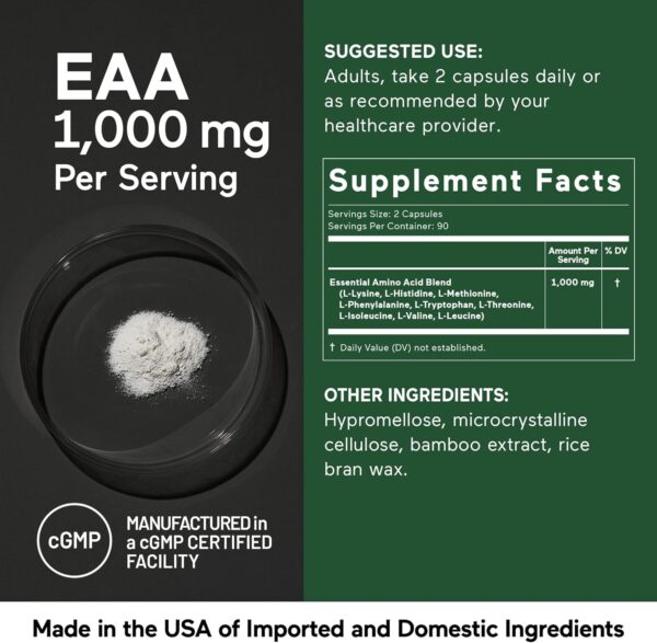 Smarter Nutrition Essential Amino Acids (EAA) Capsules - 1 Gram Per Serving of All 9 EAAs - Supports Muscle Mass & Exercise - Non-GMO, Vegan, Gluten Free - 180 Count[90-Day Supply]