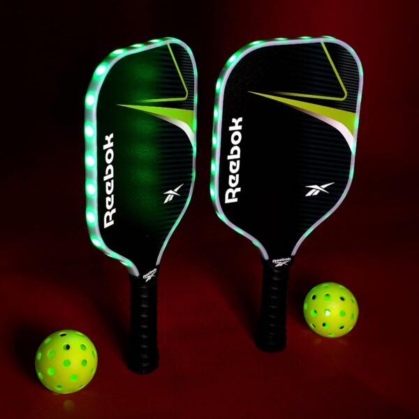 Reebok - LED Pickleball Set for 2, Includes 2 Fiberglass Paddles with 5" Cushion Grip and 2 Light-Up Balls, Perfect for Night Play (Red)