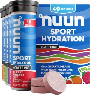 Nuun Sport Electrolyte Tablets with Caffeine from Green Tea Extract, Magnesium, Calcium, Potassium, Chloride & Sodium, Gluten Free & Vegan, Mixed Flavors, 4 Pack (40 Servings Total)