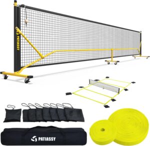 Pickleball Net Set with Wheels and Pickleball Court Marking Kit 22 FT Regulation Size Portable Pickleball Nets with Net Tension Adjuster, 8 Sandbags for Outdoor Indoor Driveway