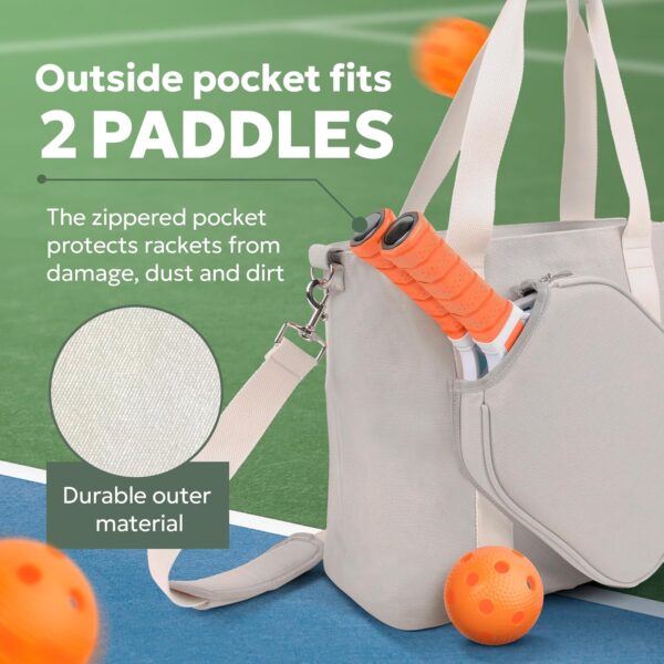 Pickleball Bag - Large Gray Canvas Tote Bag for Women and Men, Fits 2 Pickle Ball Paddles & Shoe Storage, Adjustable Strap, Fence Hook, Pickleball Gifts & Accessories