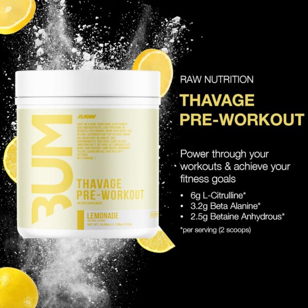 RAW Pre Workout Powder, Thavage (Lemonade) - Chris Bumstead Sports Nutrition Supplement for Men & Women - Cbum Pre Workout for Working Out, Hydration, Mental Focus & Energy - 40 Servings