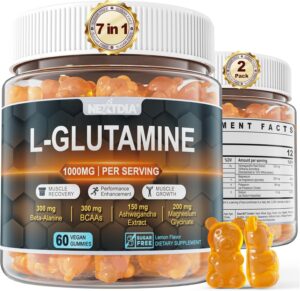 L-Glutamine 1000mg Exercise Gummies — Promotes Muscle Recovery and Growth, Enhances Performance. With Beta-Alanine, BCAAs, Magnesium Glycinate, Potassium, Sodium, Ashwagandha,Extra Chewy,2 PACK
