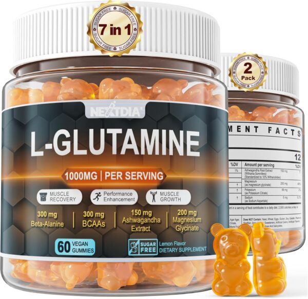 L-Glutamine 1000mg Exercise Gummies — Promotes Muscle Recovery and Growth, Enhances Performance. With Beta-Alanine, BCAAs, Magnesium Glycinate, Potassium, Sodium, Ashwagandha,Extra Chewy,2 PACK