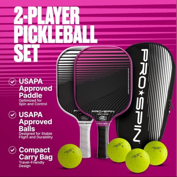 PRO SPIN Pickleball Paddles - Set of 2 USAPA-Approved Graphite Carbon Pickle Ball Paddles, 4 High-Performance Pickleball Balls, Durable Bag for Rackets & Balls - Great Gift