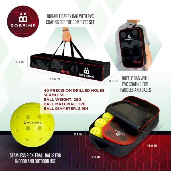Portable Pickleball Set with Net | 4 USAPA Approved Carbon Fiber Paddles, Duffle Bag, Regulation Size Pickleball Net System, Assembly Manual, 8 Outdoor Balls, Court Marker Kit and Carry Bag