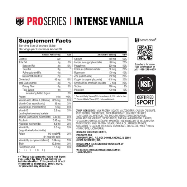 Muscle Milk Pro Series Protein Powder Supplement, Intense Vanilla, 5 Pound, 28 Servings, 50g Protein, 3g Sugar, 20 Vitamins & Minerals, NSF Certified for Sport, Workout Recovery, Packaging May Vary