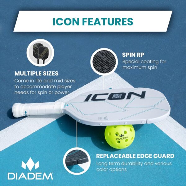 Diadem ICON Performance Pickleball Paddle | Graphite Carbon Fiber, Honeycomb Core, Fiberglass Face, Ultra Sleek Edge Guard, Spin Friendly | Indoor/Outdoor | USAPA Approved
