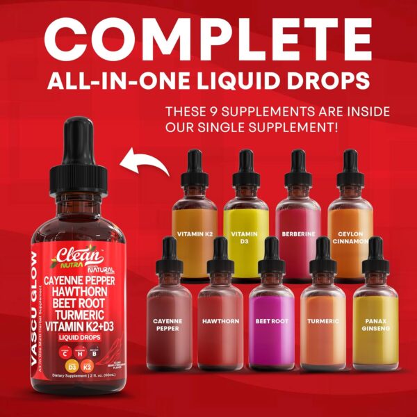 Clean Nutra Cayenne Pepper Drops Supplement Liquid + Hawthorn Berry, Vitamin D3 K2 Beet Root Powder, Ceylon Cinnamon, Turmeric Curcumin, Organic Panax Ginseng, Berberine Extract Organic
