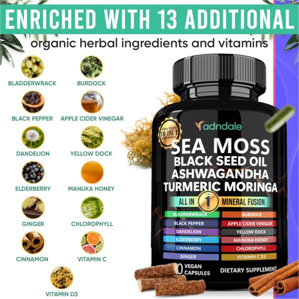 Sea Moss Black Seed Oil Ashwagandha Ginger Capsules. Sea Moss Capsules with Black Seed Oil, Ashwagandha, Turmeric, Moringa, Bladderwrack, Burdock Root, Manuka Honey, Cinnamon.
