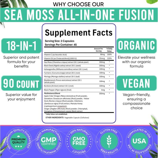 Sea Moss Black Seed Oil Ashwagandha Ginger Capsules. Sea Moss Capsules with Black Seed Oil, Ashwagandha, Turmeric, Moringa, Bladderwrack, Burdock Root, Manuka Honey, Cinnamon.