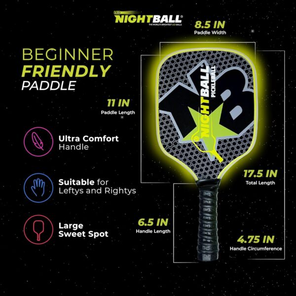 Nightball Pickleball Set - 2 LED Pickleball Paddles with 2 LED Light Up Pickleballs- Lightweight Wood Paddles with Rechargeable USBC Port - Pickleballs Include Batteries for 30+ Hours of Play Each