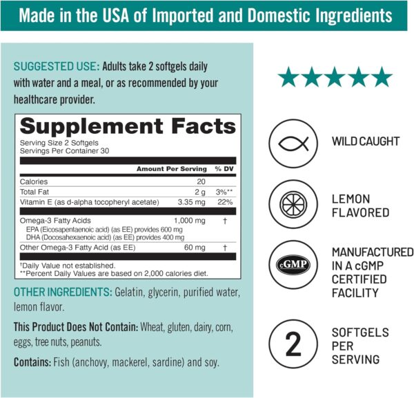 NatureWise Extra-Strength Omega 3 Fish Oil Supplement - 1000mg per Serving - 600 EPA & 400 DHA and Vitamin E - Support for Heart & Brain Health - Lemon Flavor, GMO-Free - 60 Softgels[1-Month Supply]