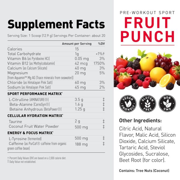 Kaged Sport Pre Workout Powder for Men & Women, Fruit Punch, Sport Certified, 188mg Caffeine, Nitric Oxide Supplement, Beta Alanine for Energy, Weightlifting, Cardio Endurance & Strength, 20 Servings