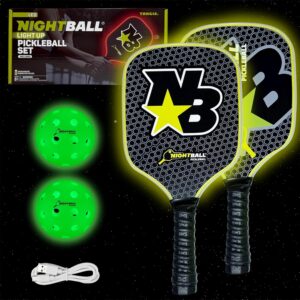 Nightball Pickleball Set - 2 LED Pickleball Paddles with 2 LED Light Up Pickleballs- Lightweight Wood Paddles with Rechargeable USBC Port - Pickleballs Include Batteries for 30+ Hours of Play Each