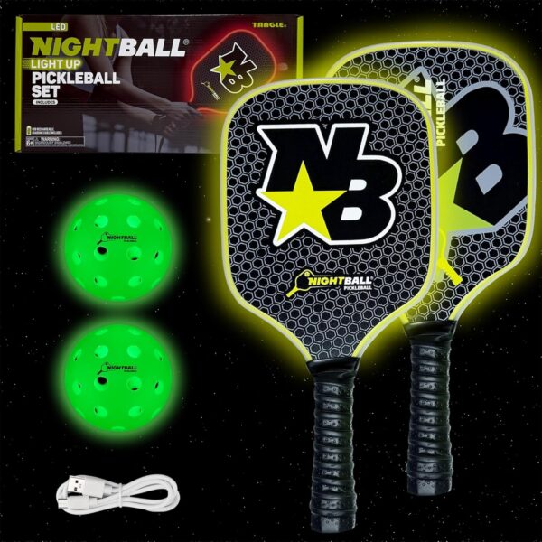 Nightball Pickleball Set - 2 LED Pickleball Paddles with 2 LED Light Up Pickleballs- Lightweight Wood Paddles with Rechargeable USBC Port - Pickleballs Include Batteries for 30+ Hours of Play Each