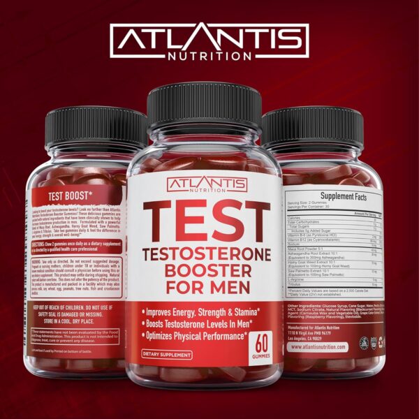 Atlantis Nutrition Testosterone Booster For Men Gummies - Male Enhancement, Boosts Energy, & Optimizes Physical Performance Formulated w/Tribulus, Horny Goat Weed, Saw Palmetto, Maca Root - 60 Gummies