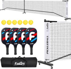 Fostoy Portable Pickleball Net with Wheels, Pickleball Set with 4 Fiberglass Paddles & 6 Pickleballs, Carry Bag, for Backyards Driveways and Garages