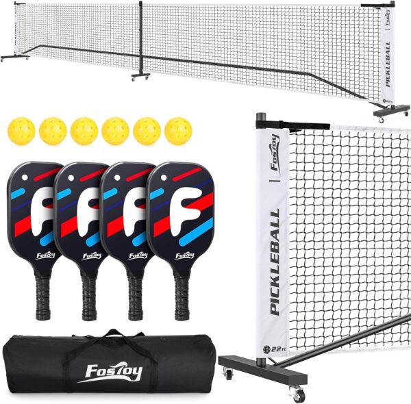 Fostoy Portable Pickleball Net with Wheels, Pickleball Set with 4 Fiberglass Paddles & 6 Pickleballs, Carry Bag, for Backyards Driveways and Garages