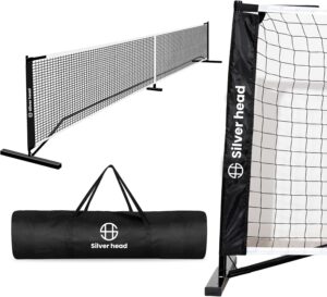 Silver Head 22 FT Portable Pickleball Net - Regulation Size Retractable With Carry Bag - Strong Steel Frame - All-Weather Resistant Practice Net for Driveway