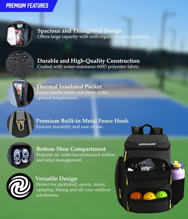 Pickleball Bag, Large Pickleball Backpack, spacious design with paddle storage, shoe compartment, thermal pocket, water bottle holder, fence hook. Ideal for all your pickleball gear