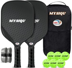 Pickleball Paddles Set of 2, Carbon Fiber Set, Lightweight Graphite Pickle Ball Rackets 2-Pack with 6 Balls & Grip tape, 1 Carrying Bag, Pickleball Paddle Kit for All Players
