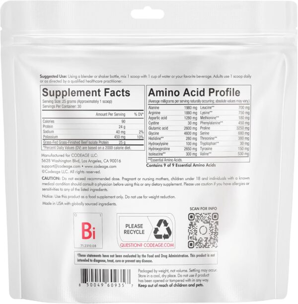 Codeage Grass-Fed Beef Isolate Protein Powder Supplement - 20 Amino Acids, Collagen-Rich - Athletes & Sports - Unflavored Carnivore Protein Supplement, BCAA & EAA Supplement - Gluten-Free - 26.45 oz
