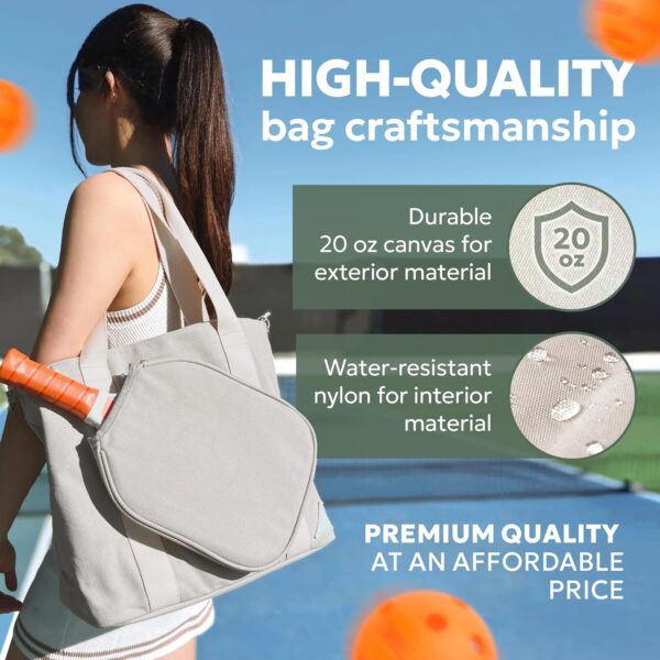 Pickleball Bag - Large Gray Canvas Tote Bag for Women and Men, Fits 2 Pickle Ball Paddles & Shoe Storage, Adjustable Strap, Fence Hook, Pickleball Gifts & Accessories
