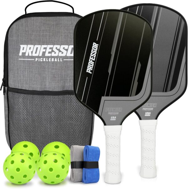 Professor Premier Pickleball Paddle Set of 2 Fiberglass Surface Paddles, 4 Balls, Carrying Bag & Grips - 2024 USAPA Approved!…