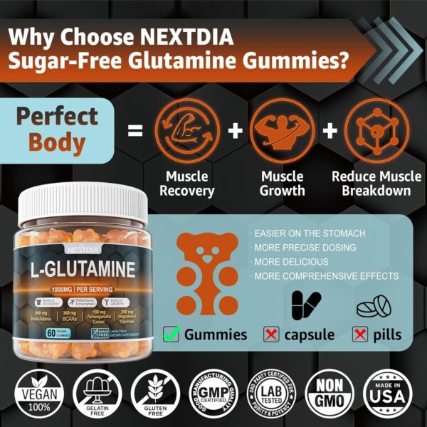 L-Glutamine 1000mg Exercise Gummies — Promotes Muscle Recovery and Growth, Enhances Performance. With Beta-Alanine, BCAAs, Magnesium Glycinate, Potassium, Sodium, Ashwagandha,Extra Chewy,2 PACK
