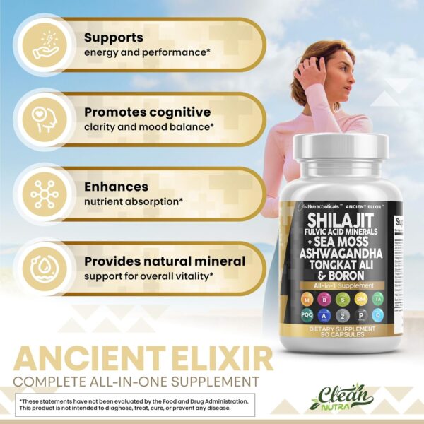 Clean Nutraceuticals Shilajit Supplement for Men with Sea Moss, Tongkat Ali, Ashwagandha, Boron, Zinc, CoQ10, PQQ - Fulvic Acid Capsules - Energy Support - 90 Count - Resin, Gummy & Powder Alternative