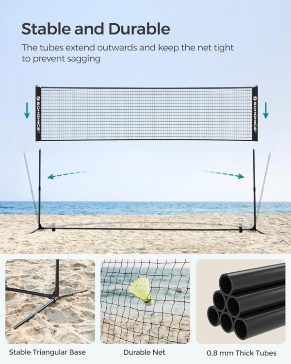 SONGMICS Badminton Net, Height Adjustable Volleyball Net, Pickleball Net for Junior Tennis, Kids, Indoor Outdoor Court, Foldable Nylon Net with Poles 10ft/13ft/16.5ft Wide