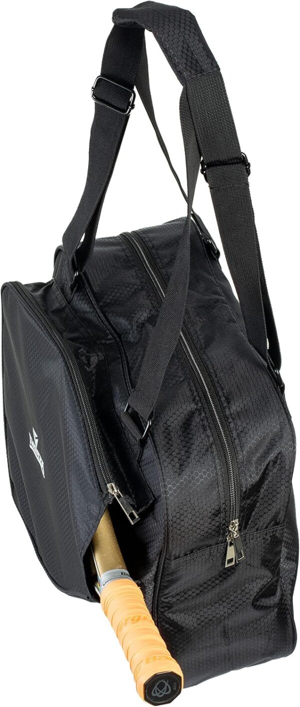 Thorza Pickleball Bag with Front Paddle Pocket, Large Mesh Pockets for Water Bottles and Gear, Storage for Clothes and Sports Equipment, Long Shoulder Sling, Classic Black, Men and Women