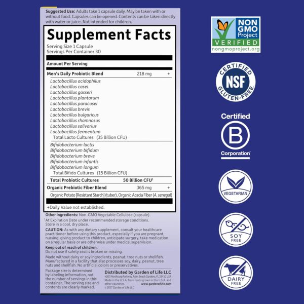 Garden of Life Probiotics for Men Dr Formulated 50 Billion CFU 15 Probiotics for Digestive Health + Organic Prebiotic Fiber for Colon & Immune Support, Daily Gas Relief, Shelf Stable, 30 Capsules