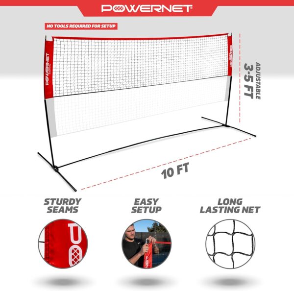 PowerNet Portable Badminton Net for Beach, Backyard, Driveway or Gym, Indoor Outdoor Tennis, Badminton, Pickleball Net, 10ft Wide x 3ft to 5ft Adjustable Height