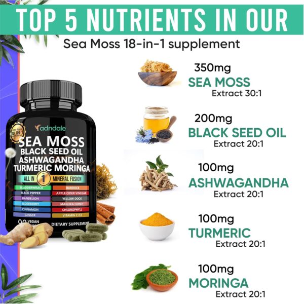Sea Moss Black Seed Oil Ashwagandha Ginger Capsules. Sea Moss Capsules with Black Seed Oil, Ashwagandha, Turmeric, Moringa, Bladderwrack, Burdock Root, Manuka Honey, Cinnamon.