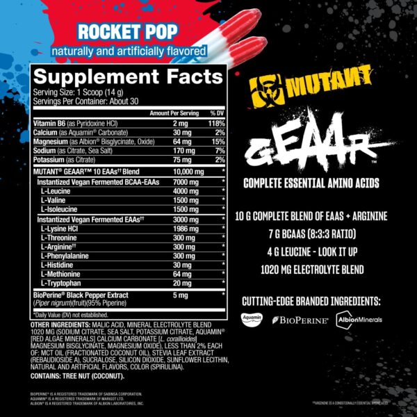 Mutant GEAAR - 9.4g of EAA Powder + Arginine, 7g BCAAs, 4g Leucine, Electrolytes, Coconut Water, No Artificial Colors or Flavors, Delicious Taste - 30 Servings - Rocket Pop - 400g