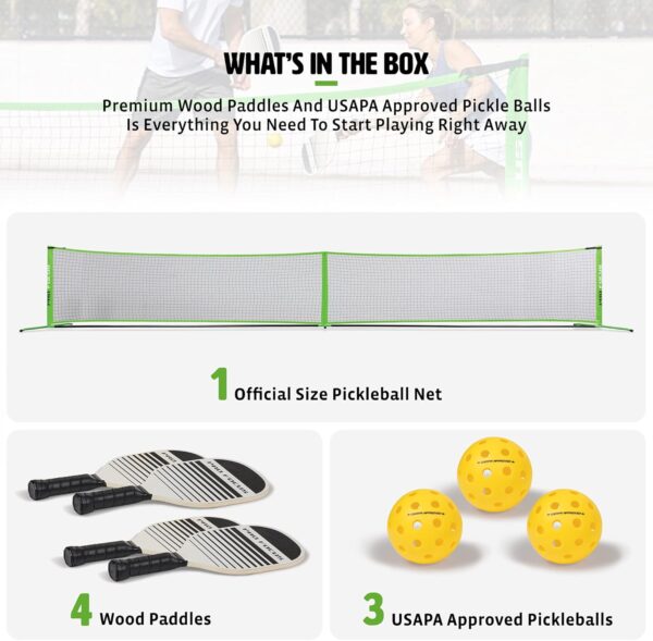Pro Focus Pickleball Net Set – Includes 4 Player Wooden Pickleball Paddles and 3 Pickleballs; Outdoor and Indoor Fun for Adults and Families, All Skill Levels