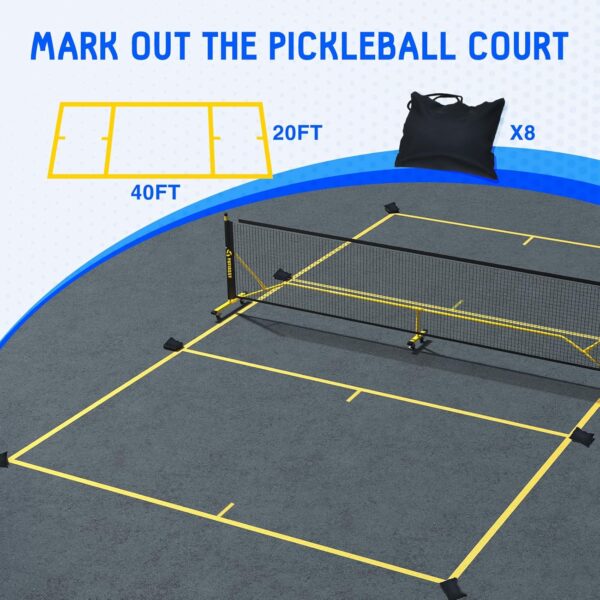 Pickleball Net Set with Wheels and Pickleball Court Marking Kit 22 FT Regulation Size Portable Pickleball Nets with Net Tension Adjuster, 8 Sandbags for Outdoor Indoor Driveway