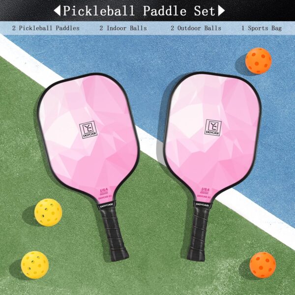 YC DGYCASI Pickleball Paddles Set of 2, 2025 USAPA Approved Fiberglass Pickleball Set, Lightweight Pickle Ball Rackets 2 Pack, 2 Outdoor Pickleball Balls, 2 Indoor Balls, 1 Bag, Pink