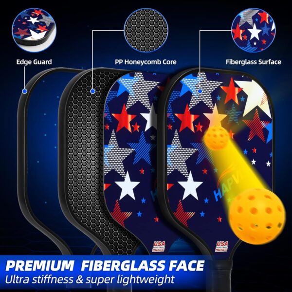 Pickleball Paddles Set of 2，Fiberglass Surface Pickleball Racket with Honeycomb Core, Set Includes 2 Pickleball Rackets，4 Balls ，1 Bag, for Men Women Beginners