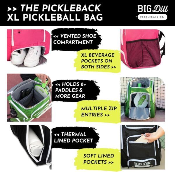 Big Dill Pickleball Backpack | Large Pickleball Bag with Shoe Compartment for 8+ Paddles & Accessories, Insulated Pocket