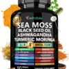 Sea Moss Black Seed Oil Ashwagandha Ginger Capsules. Sea Moss Capsules with Black Seed Oil, Ashwagandha, Turmeric, Moringa, Bladderwrack, Burdock Root, Manuka Honey, Cinnamon.
