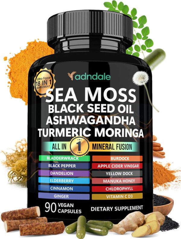 Sea Moss Black Seed Oil Ashwagandha Ginger Capsules. Sea Moss Capsules with Black Seed Oil, Ashwagandha, Turmeric, Moringa, Bladderwrack, Burdock Root, Manuka Honey, Cinnamon.