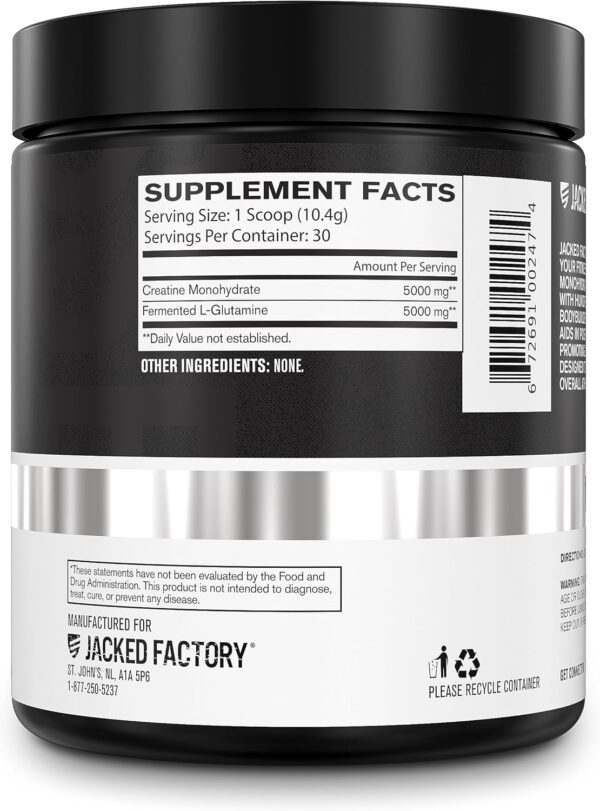 Jacked Factory Creatine + Glutamine - Creatine Supplement with L-Glutamine for Muscle Recovery, Muscle Growth, Increased Strength, Enhanced Energy Output, and Gut Health - 30 Servings, Unflavored
