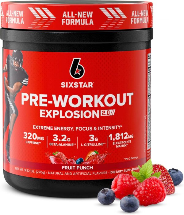 Six Star Pre-Workout Powder for Men & Women, Fruit Punch (30 Servings) - Preworkout Explosion 2.0 Energy Powder Drink Mix with Beta-Alanine & Caffeine - Sports Nutrition Supplement Products