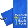 ERHACHAIJIA Pickleball is My Happy Hour Embroidered Pickleball Sports Towel with Clip. Funny Pickleball Gifts for Men Women Pickleball Lover, Birthday Retirement Mother's Day