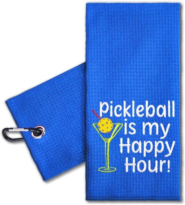 ERHACHAIJIA Pickleball is My Happy Hour Embroidered Pickleball Sports Towel with Clip. Funny Pickleball Gifts for Men Women Pickleball Lover, Birthday Retirement Mother's Day